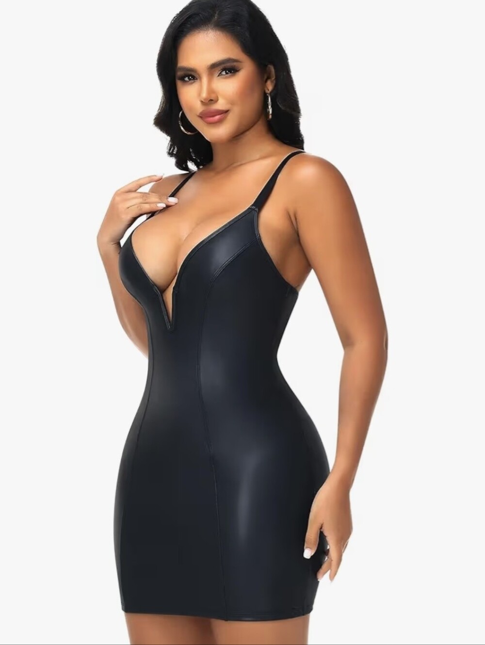 Black Faux Leather V-Neck Slip Dress